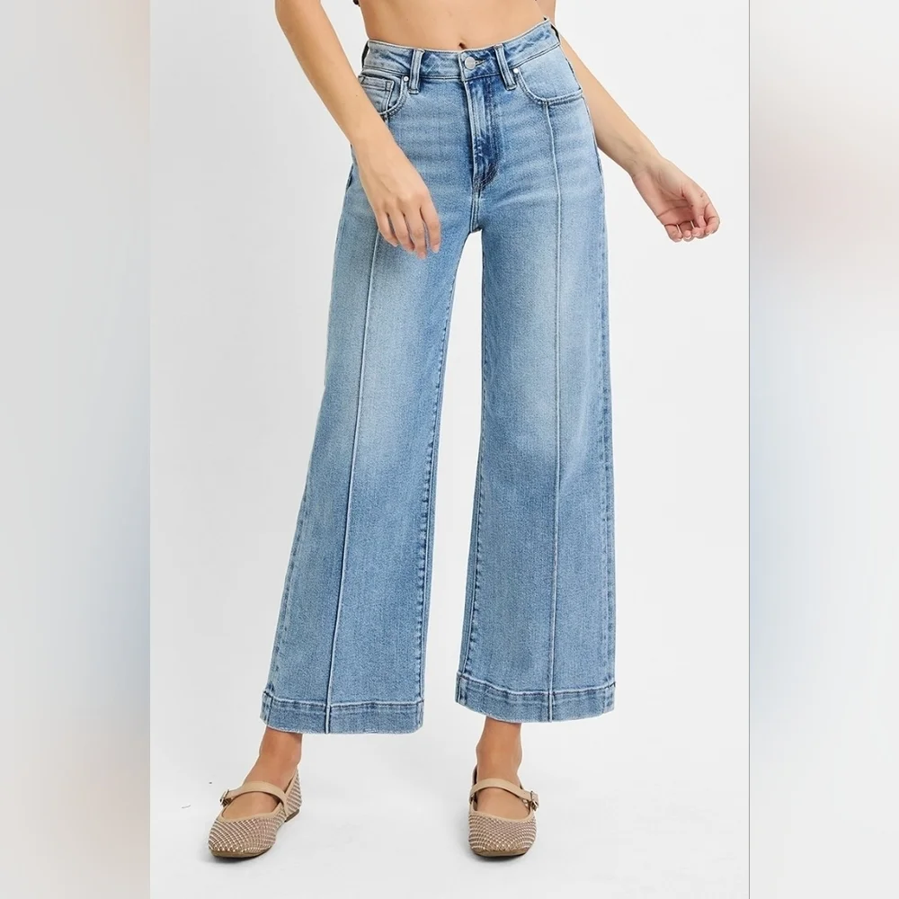 RISEN HR Light Wash Wide Leg Cropped Front Seam Trouser Hem Jeans Various NEW - Picture 3 of 6